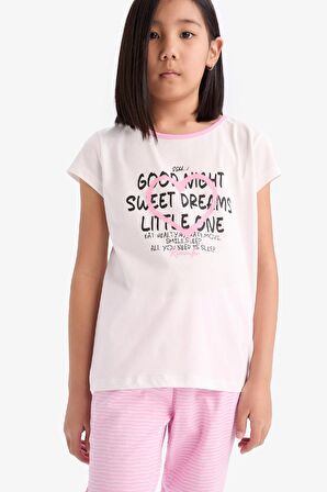 Kız Çocuk Pijama Takımı Baskılı Kısa Kollu Üst Beli Lastikli Uzun Alt