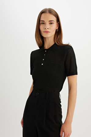DeFacto Regular Fit Ajurlu Polo Yaka Kısa Kollu Siyah Triko Kazak D4161AX24AUBK27