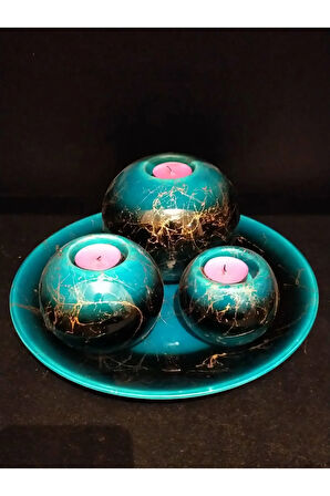 Dekoratif Seramik Mumluk 3'lü Ve Tabakllı Set Zümrüt Yeşili