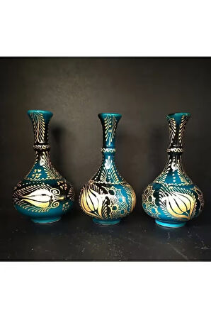 El İşlemeli 3'lü Zümrüt Yeşili Göz Yaşı Seti 20 cm Altın Yaldızlı Vazo