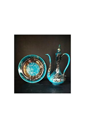 El Yapımı Büyük Boy Çini Ibrik (TABAKLI) Yaldız Işlemeli Yeşil Turkuaz Renk Ibrik Boy 25 Cm