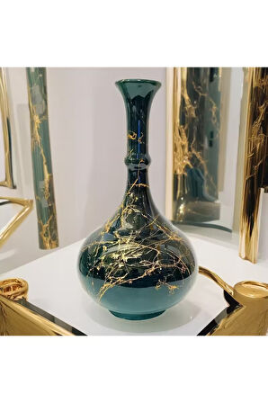 30 Cm Çini Gözyaşı Vazo-zümrüt Yeşil/siyah-mermer Desenli El Yapımı-orjinal Kütahya Çinisi