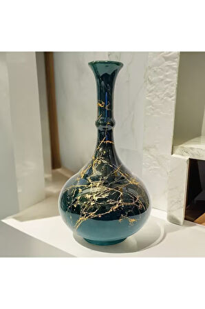 30 Cm Çini Gözyaşı Vazo-zümrüt Yeşil/siyah-mermer Desenli El Yapımı-orjinal Kütahya Çinisi