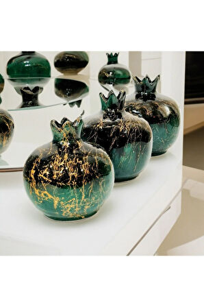 3'lü Çini Nar Seti Zümrüt Yeşil Siyah Mermer Desenli Sarı Yaldız Mermer Desen Nar Seti