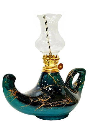Mermer Desenli Siyah/zümrüt Yeşil El Yapımı Kütahya Çinisi Gaz Lambası Büyük Aladdin Gaz Lambası