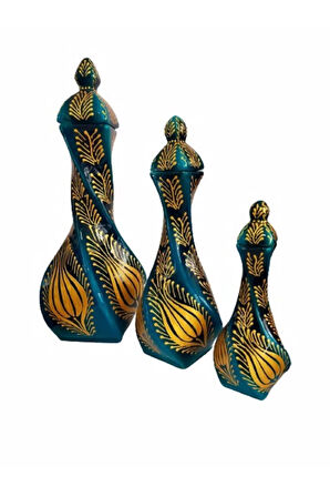 Turkuaz Altın El İşlemeli Burgu Vazo 3'lü