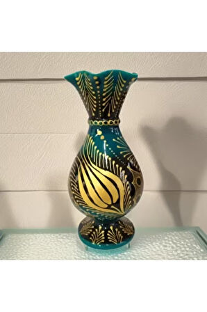 Turkuaz Çini 25 cm Marul Altın Yaldızlı Desenli Vazo