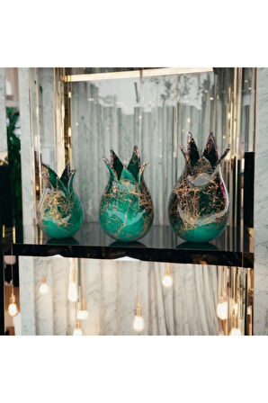 Vk Çini Seramik Tasarımı Tamamen El Yapımı Turkuaz Yeşil Mermer Desenli 3'lü Lale Takımı