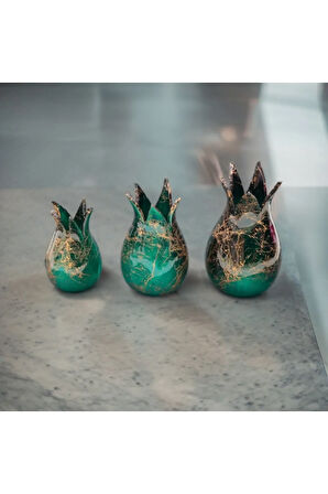 Çini Seramik Tasarımı Tamamen El Yapımı Mermer Desenli 3'lü Lale Takımı Zümrüt Yeşilidir