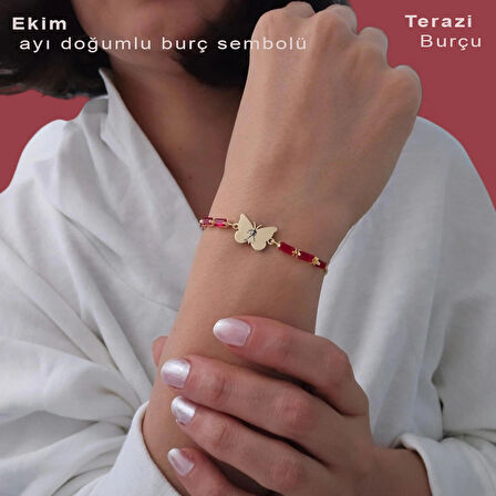 14 Ayar Altın Plakalı Kelebek Motifli ve Dingin Kırmızı Taşlı Ekim Bilekliği