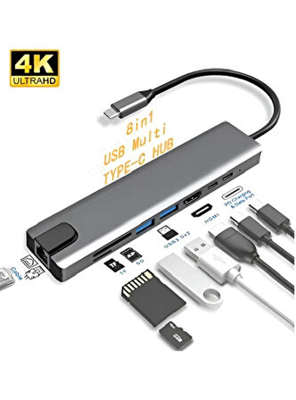 Type-C 8 In 1 Ethernet Sd USB HDMI Çoğaltıcı