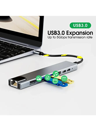 Type-C 8 In 1 Ethernet Sd USB HDMI Çoğaltıcı