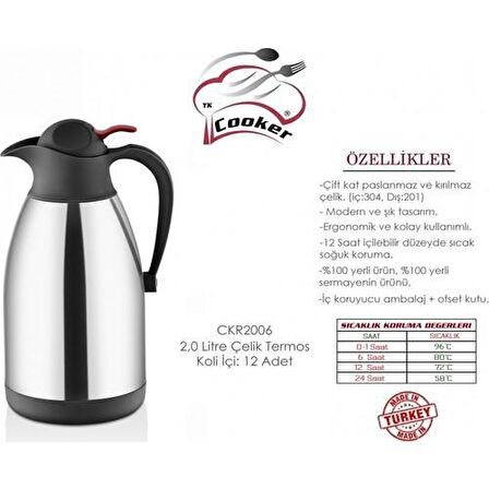 Cooker 2 Litre Paslanmaz Çift Katlı Çelik Termos CKR2006