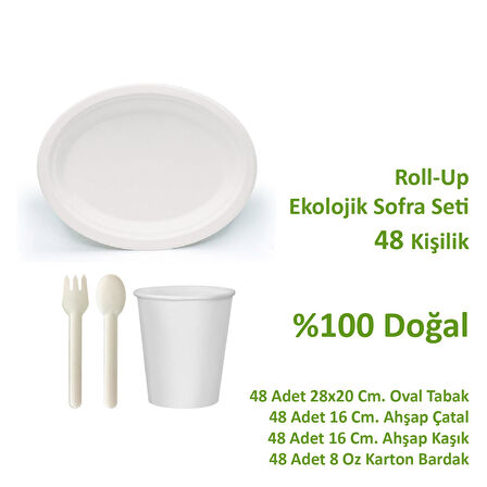 Ekolojik 48 Kişilik Parti Piknik Sofra Sunum Seti - 28x20 Cm. Oval Tabak Bardak Çatal Kaşık Takımı