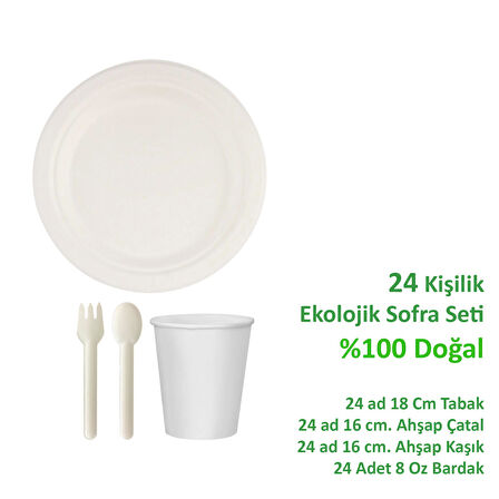 Ekolojik 24 Kişilik Parti Piknik Sofra Sunum Seti - Doğal Tabak Bardak Çatal Kaşık Takımı - 18 Cm 