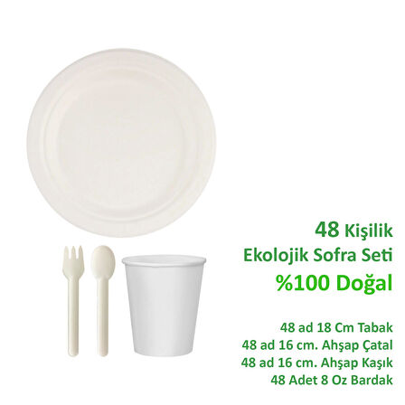 Ekolojik 48 Kişilik Parti Piknik Sofra Sunum Seti - Doğal Tabak Bardak Çatal Kaşık Takımı - 18 Cm 