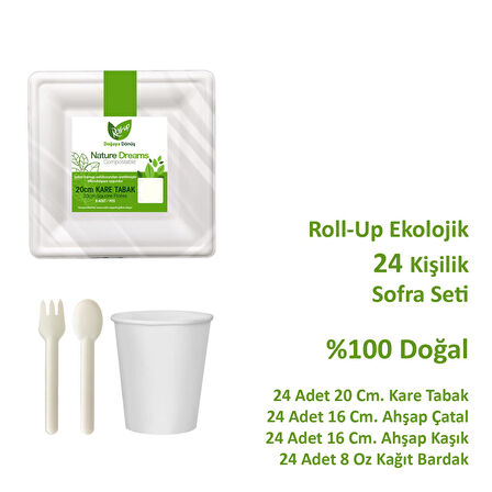 Ekolojik Kare 20 Cm. 24 Kişilik Parti Piknik Sofra Sunum Seti - Tabak Bardak Çatal Kaşık Takımı
