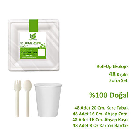 Ekolojik Kare 20 Cm. 48 Kişilik Parti Piknik Sofra Sunum Seti - Tabak Bardak Çatal Kaşık Takımı