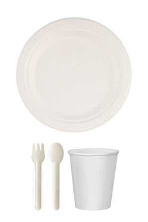 Ekolojik 22 Cm. 96 Kişilik Parti Piknik Sofra Sunum Seti - Doğal Tabak Bardak Çatal Kaşık Takımı