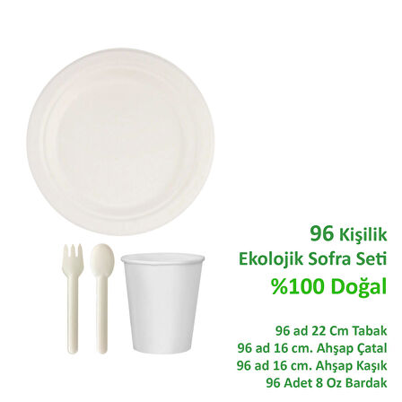 Ekolojik 22 Cm. 96 Kişilik Parti Piknik Sofra Sunum Seti - Doğal Tabak Bardak Çatal Kaşık Takımı