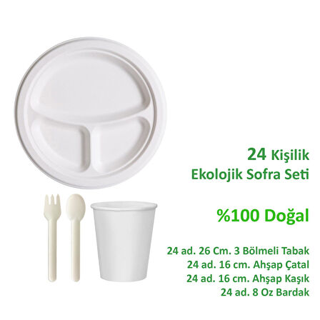 Ekolojik 26 Cm. 3 Bölmeli 24 Kişilik Parti Piknik Sofra Sunum Seti -Tabak Bardak Çatal Kaşık Takımı