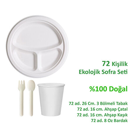 Ekolojik 26 Cm. 3 Bölmeli 72 Kişilik Parti Piknik Sofra Sunum Seti -Tabak Bardak Çatal Kaşık Takımı