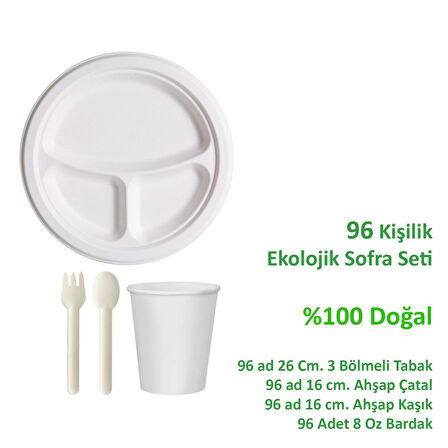Ekolojik 26 Cm. 3 Bölmeli 96 Kişilik Parti Piknik Sofra Sunum Seti -Tabak Bardak Çatal Kaşık Takımı