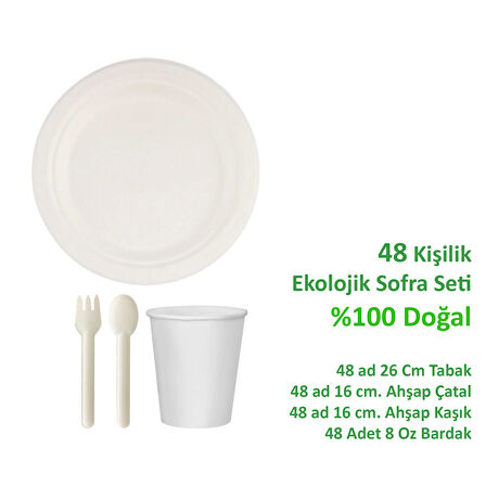 Ekolojik Doğal 26 Cm. 48 Kişilik Parti Piknik Sofra Sunum Seti - Tabak Bardak Çatal Kaşık Takımı