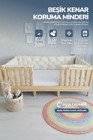 Beşik Kenar Koruma Minderi %100 Pamuk - Montessori Yatak Uyumlu - Ekru - Buble Soft
