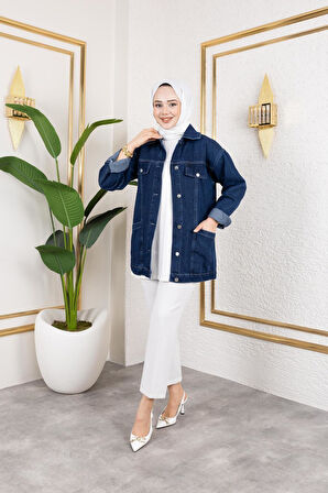 Kadın Cep Detaylı Denim Kot Ceket