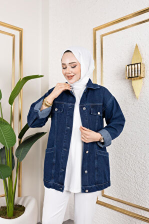 Kadın Cep Detaylı Denim Kot Ceket