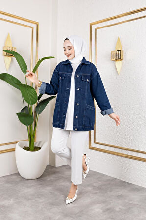 Kadın Cep Detaylı Denim Kot Ceket
