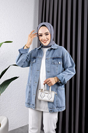 Kadın Cep Detaylı Denim Kot Ceket