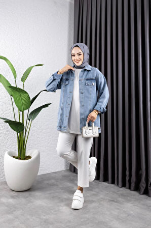Kadın Cep Detaylı Denim Kot Ceket