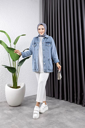 Kadın Cep Detaylı Denim Kot Ceket