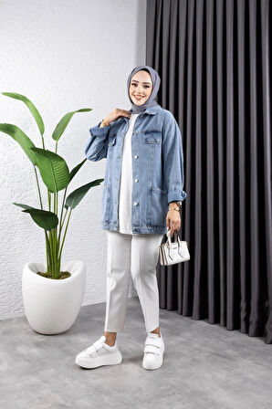 Kadın Cep Detaylı Denim Kot Ceket