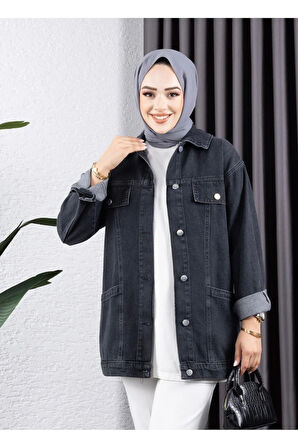 Kadın Cep Detaylı Denim Kot Ceket