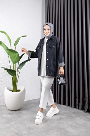 Kadın Cep Detaylı Denim Kot Ceket