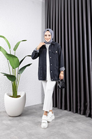 Kadın Cep Detaylı Denim Kot Ceket