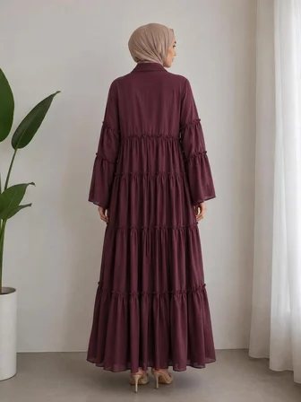 Tenfısı Woman Wear Mürdüm Fiyonk Detaylı Maxi Tesettür Elbise Uzun Kol Tensel Kumaş
