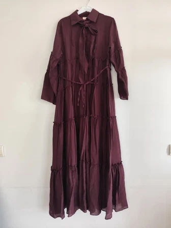 Tenfısı Woman Wear Mürdüm Fiyonk Detaylı Maxi Tesettür Elbise Uzun Kol Tensel Kumaş