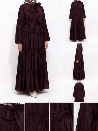 Tenfisi Woman Wear Mürdüm Fiyonk Detaylı Kat Kat Tesettür Elbise Uzun Kol Maxi 36-38 Beden