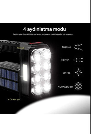 QASUL Ultra Güçlü 8 GÖZLÜ Solar Güneş Panelli Şarjlı Kamp Lambası Uzun Menzilli Kamp Feneri