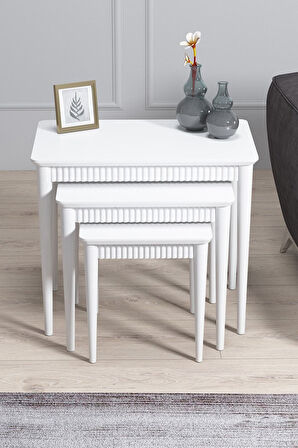 Elegance Beyaz Mdf Lake Boyalı Tabla Gürgen Ayaklı 3 Lü Zigon Sehpa Takımı Çay Sehpası Servis Sehpa