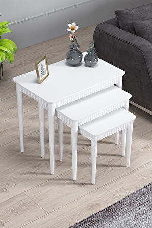 Elegance Beyaz Mdf Lake Boyalı Tabla Gürgen Ayaklı 3 Lü Zigon Sehpa Takımı Çay Sehpası Servis Sehpa