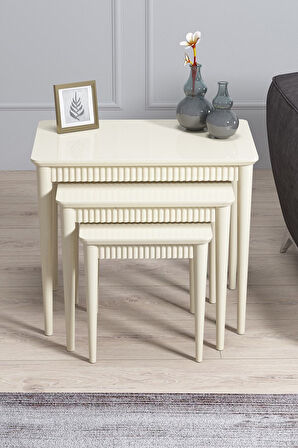 Elegance Krem Mdf Lake Boyalı Tabla Gürgen Ayaklı 3 Lü Zigon Sehpa Takımı Çay Sehpası Servis Sehpası