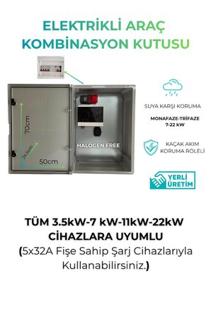 Elektrikli Araç Büyük Boy Şarj Panosu 22kW - Sigortalı & Prizli Kombinasyon Kutusu
