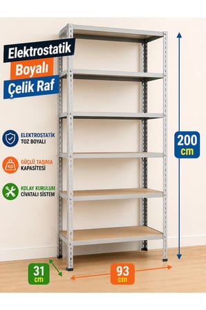 6 Katlı Çelik Elektrostatik Raf Sistemi, Depo, Arşiv, Kiler, Dosya, Market, Ayakkabı, Çiçek, Rafı Boyut: 31x93x200 cm Kalınlık: 0,70 mm