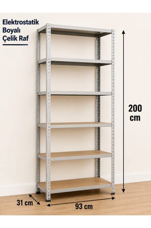 6 Katlı Çelik Elektrostatik Raf Sistemi, Depo, Arşiv, Kiler, Dosya, Market, Ayakkabı, Çiçek, Rafı Boyut: 31x93x200 cm Kalınlık: 0,70 mm