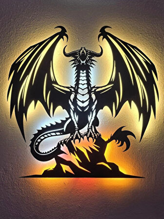 Ejderha Figürlü Ahşap LED Işıklı Tablo – El Yapımı Lazer Kesim Dekoratif Hediye Lamba